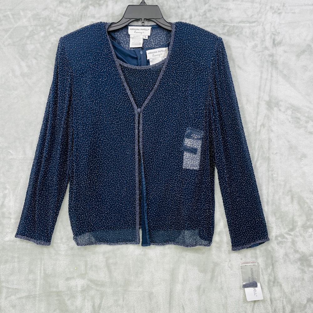 NEW Adrianna Papell Evening Beaded Silk Blazer Tank Set Size L Navy NWT